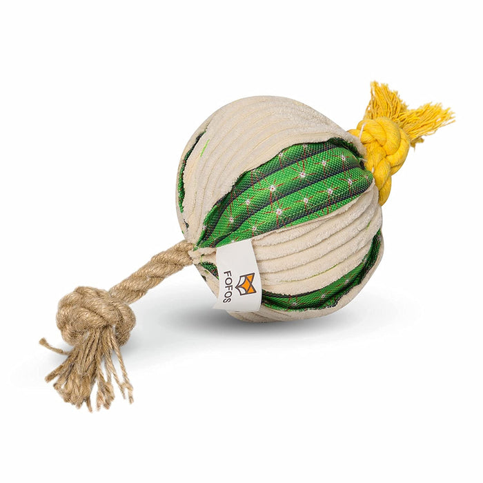 Barkbutler x Fofos Cactus Ball with Hemp Rope (M) Stuffed Soft Squeaky Plush Dog Toy, Green | for X-Small - Medium Dogs (0-20kgs)