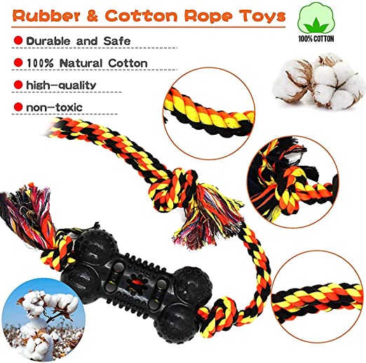 Nootie Durable Dog Chew Toys Pack of 7, Cotton Rope Rubber Balls Chew Toy, Convex Design for Puppy Small Medium Large Dogs, Fetching, Puppy Teething Toy for Boredom, Gift