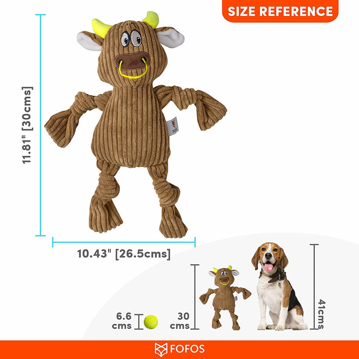 Barkbutler x Fofos Fluffy Cow Stuffed Soft Squeaky Plush Dog Toy, Brown | For X-Small- Small Dogs (0-10kgs) |Knotted Legs