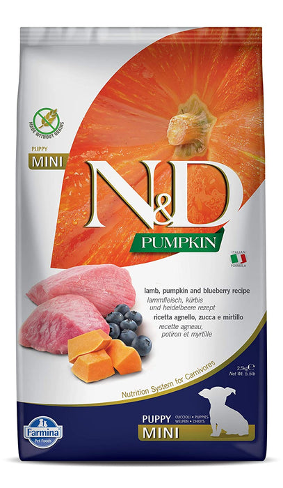 Farmina N&D Pumpkin Dry Dog Food, Grain-Free, Puppy Mini Breed, Lamb and Blueberry