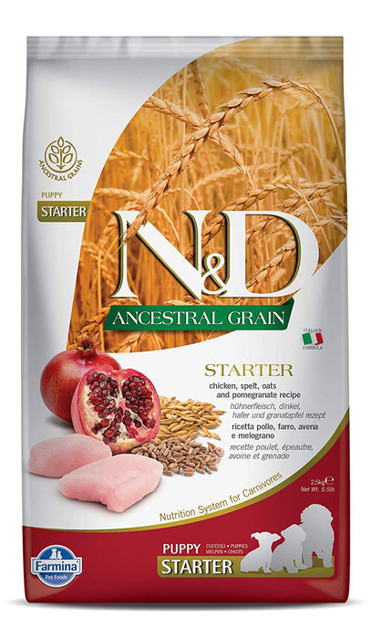 Farmina N&D Ancestral Grain Dry Dog Food, Puppy Starter, All Breed Chicken and Pomegranate