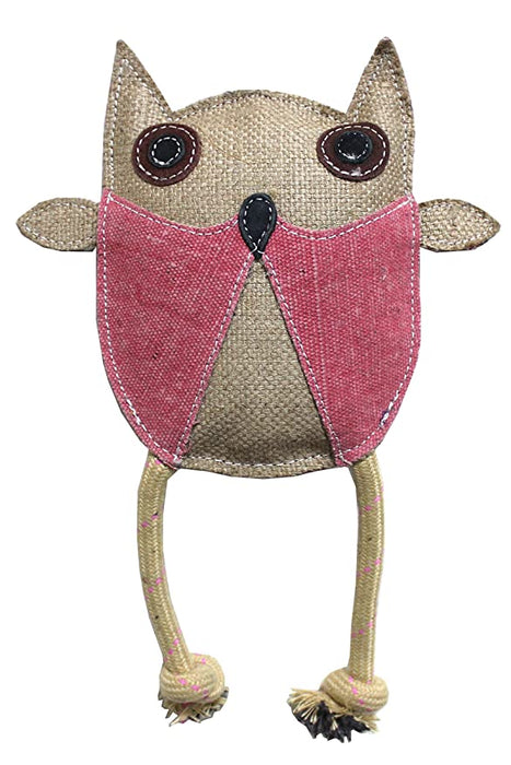 Nootie Jute Canvas Stuffed Animal Shape Squeaky Chew Toy for Dog Chewing (Rope Leg Owl)