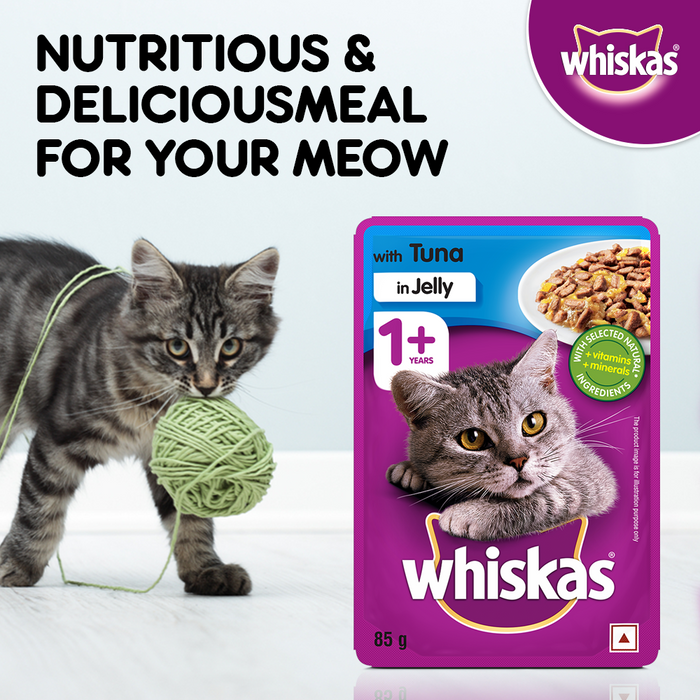 Whiskas Wet Cat Food for Adult Cats (1+Years), Tuna in Jelly Flavour, 96 Pouches (96 x 85g)