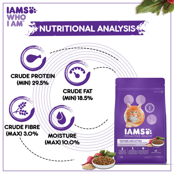 IAMS Proactive Health, Mother & Kitten (2-12 Months) Dry Premium Cat Food with Chicken, 3 Kg
