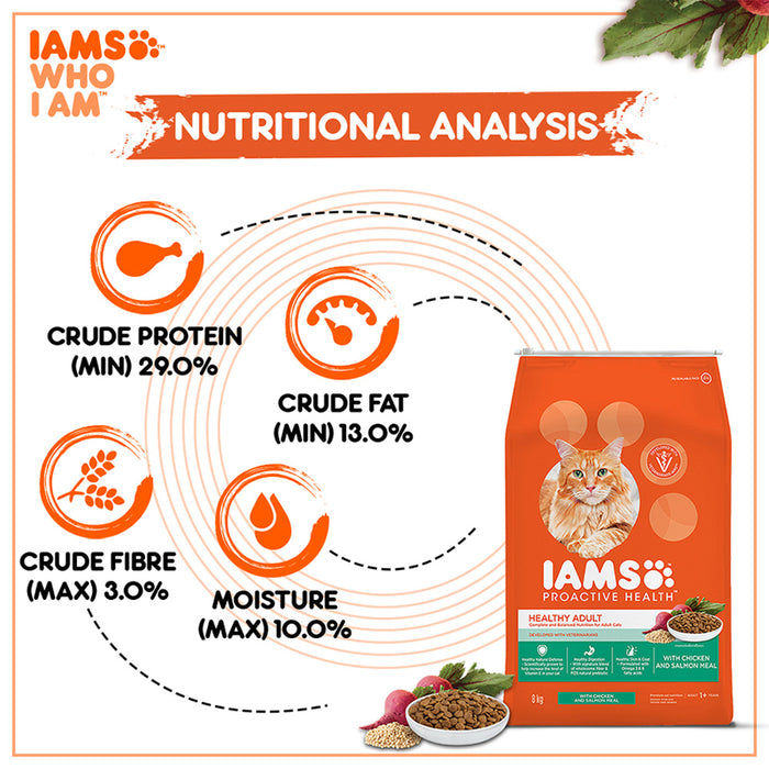 IAMS Proactive Health, Healthy Adult (1+ Years) Dry Premium Cat Food with Chicken & Salmon Meal, 8Kg