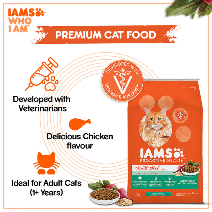 IAMS Proactive Health, Healthy Adult (1+ Years) Dry Premium Cat Food with Chicken & Salmon Meal, 8Kg