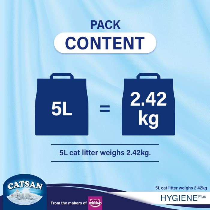 CATSAN Hygiene Plus Triple Odor Control 100% Natural Cat Litter, 5 L