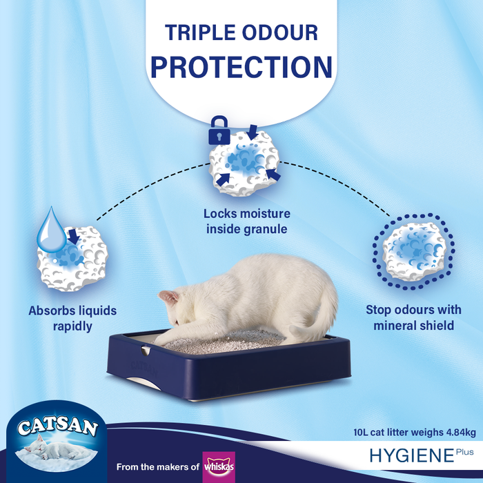 CATSAN Hygiene Plus Triple Odor Control 100% Natural Cat Litter, 10 L