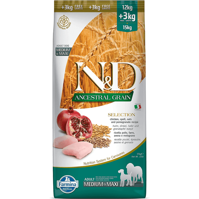 Farmina N&D Chicken & Pomegranate Ancestral Grain Selection Adult Medium Maxi Dry Dog Food